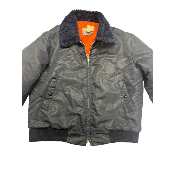 Vintage Sears Work Leisure Men's Navy Bomber Jacket Faux Fur Collar Aviator - Picture 12 of 16